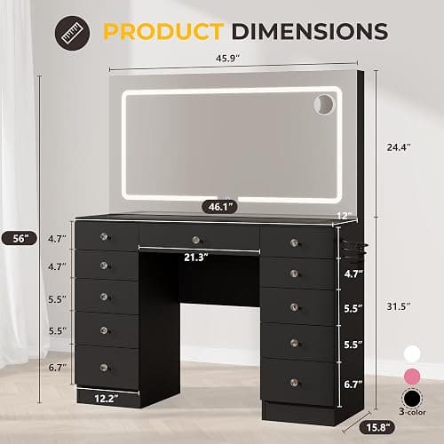 Otterease Vanity Desk with Mirror and Lights, 11 Drawers Makeup Vanity Desk with Tempered Glass top, 3 Lighting Modes Adjustable Brightness, Black Vanity with Magnetic 5X Magnifier for Bedroom thumbnail 2