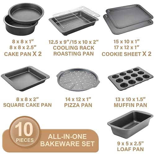 HONGBAKE Bakeware Sets, Baking Pans Set, Nonstick Oven Pan for Kitchen with Wider Grips, 10 Pieces Including Rack, Cookie Sheet, Cake Pans, Loaf Pan, Muffin Pan, Pizza Pan - Grey thumbnail 3