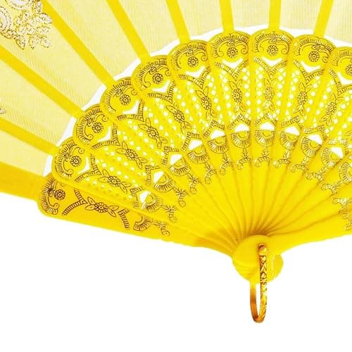QIRMIZI 10 Pack Folding Handheld Fans,Silk Spanish Fan, Perfect for Weddings, Parties, and Dancing,Yellow thumbnail 6