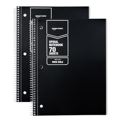 Amazon Basics Wide-Ruled Spiral Notebooks, 8" x 10-1/2", 70 Sheets, Black, 2-Pack - Image 1