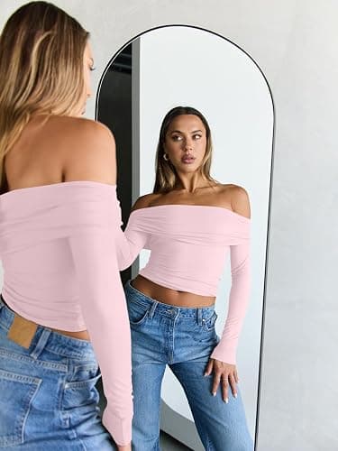 Trendy Queen Women Long Sleeve Shirts Off Shoulder Tops Going Out Crop Sexy Slim Fitted Y2K Fall Outfits 2025 Fashion Clothes thumbnail 5