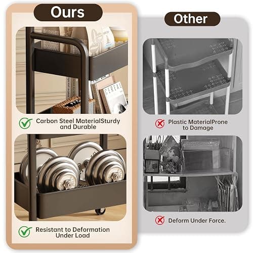 3 Tier Metal Rolling Utility Cart Organizer with Walnut Table Top, Stable and Sturdy Rolling Storage Carts with 2 Lockable Wheels for Kitchen，Bathroom，Snacks，Coffee，Craft，Makeup，Baby Essentials thumbnail 5