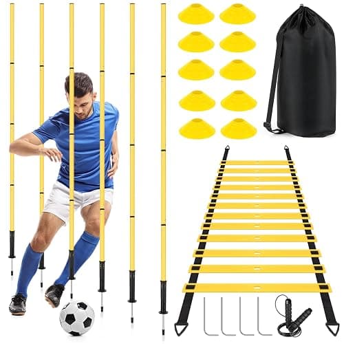 Soccer Agility Training Equipment: 6 Soccer Agility Poles, 20ft Agility Ladder, 10 Soccer Cones, 1 Jump Rope. Soccer Training Poles for Speed Training, Agility Training - Image 1