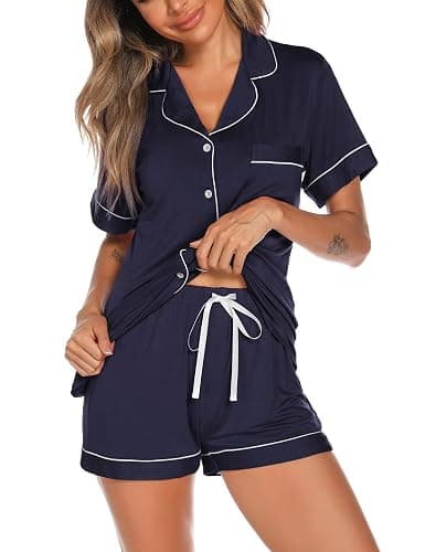 Aamikast Button Up Pajama Set for Women Shorts Short Sleeve Knit Sleepwear 2 Pice Pjs Sets thumbnail 3