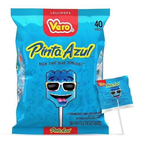 Vero Pintazul Lollipops - Individually Wrapped Mexican Candy That Colors Your Tongue Blue - Strawberry and Raspberry Flavor - 40 Pack (19.75 oz) - Image 1