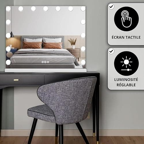 Bayt Miroir de Maquillage avec éclairage - Miroir Hollywood avec éclairage - Intensité réglable - 58 x 46 cm - Blanc thumbnail 4