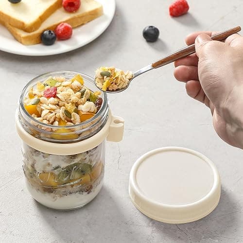 6 Pack Overnight Oats Containers with Lids and Spoons, 16 oz Glass Mason Overnight Oats Jars, Large Capacity Airtight Jars for Milk, Cereal, Fruit(Beige） thumbnail 5