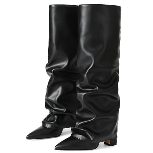 SaraIris Women's Slouchy Knee High Boots - Black, Pointed Toe, Fold Over, Chunky, Shark Boots thumbnail 3