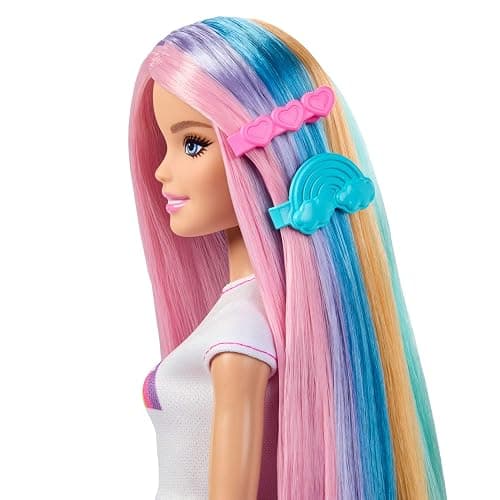 Barbie Rainbow Sparkle Hair Doll, Extra-Long and Colorful Hair with 12 Styling Accessories like Glitter Tube, Brush, Clips, Hair Dryer and More, JJP07 thumbnail 5