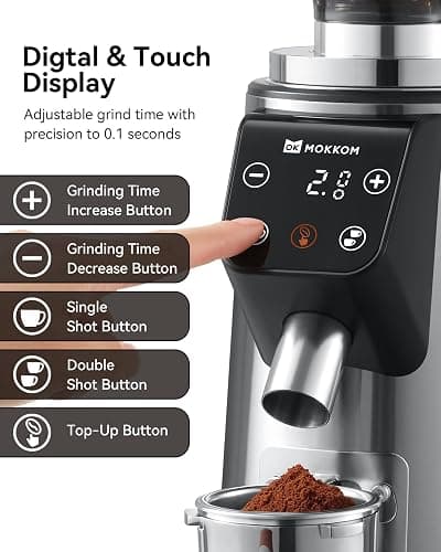 MOKKOM Professional 64mm Flat Burr Coffee Grinder with 100 Grind Settings, All-Metal Stainless Steel Body, Coffee Bean Grinder with Adjustable Electronic Timer, Anti-Static, LED Display thumbnail 7