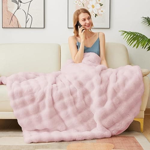Latepis Faux Fur Twin Blanket Plush Light Pink 60x80 Inch Cute Fluffy Warm Bubble Blankets for Couch Bedroom Soft Blankets for All Seasons Cozy Blanket for Woman Gift, 860gsm thumbnail 6