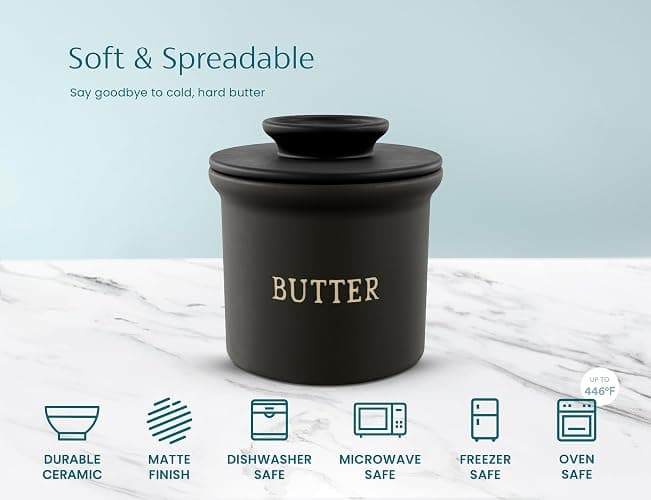 Kook Butter Crock with Lid, Soft Spreadable Butter, Ceramic French Butter Keeper to Leave On Counter with Water Line, Butter Dish, Home and Kitchen Decor, Perfect for Christmas Gift (Black) thumbnail 7