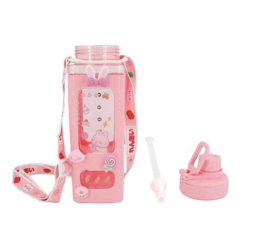 NEWSTYP Kawaii Bear Pastel Water Bottle With 3D Sticker 700ml Plastic Travel Tea Juice Milk Portable Cute Shaker Drink Bottle Gift (Pink) thumbnail 3
