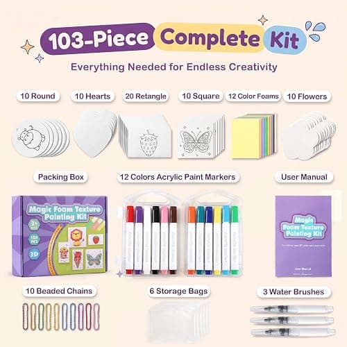 TMOL 103 Pcs Magic Foam Texture Painting Kit, Mess Free Craft Kits for Kids | Including 72 Pcs Foam Texture Paper & 12 Colors Acrylic Paint Markers, Creative Magic Puffy Paint Kit, Arts Crafts for Kids thumbnail 2