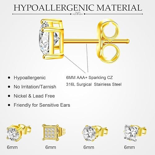 ONESING 12 Pairs Stud Earrings for Men Stainless Steel Mens Earrings Studs Hypoallergenic Cubic Zirconia Earrings for Women Men thumbnail 2