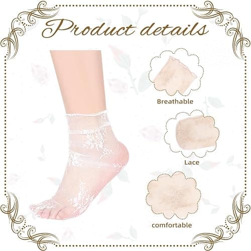 Bencailor 4 Pairs Women Sheer Slouch Socks Lace Mesh Novelty Decorated Nylon Loose Ankle High thumbnail 4