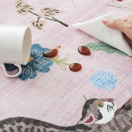 Rugcomf Round Rug 4ft Washable Circle Rug Non Slip Low Pile Boho Floral Animal Cat Small Circular Rug for Bedroom Bathroom Entryway Kids Room Office College Dorm, Pink thumbnail 5