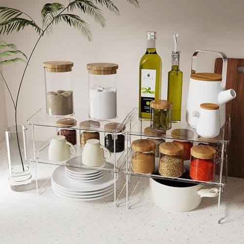 STARLATTA 2 Pcs Cabinet Organizer Shelf, Stackable Kitchen Counter Shelves, Spice Rack,Countertop Organizers, Clear Plastic Storage Shelves Rack for Makeup,Bathroom,Cupboard,Desk,Pantry Organization thumbnail 2