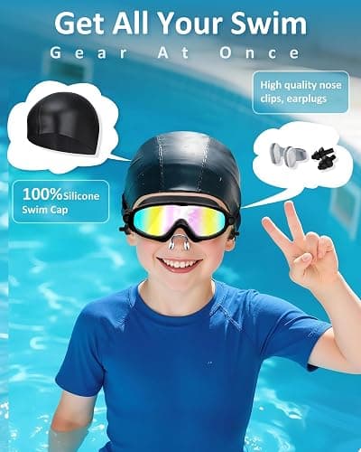 Kids Swim Goggles, Anti-fog, UV Protection and Wide View Swimming Goggles & Swim Cap for Age 3-15 Boys Girls Toddler thumbnail 5