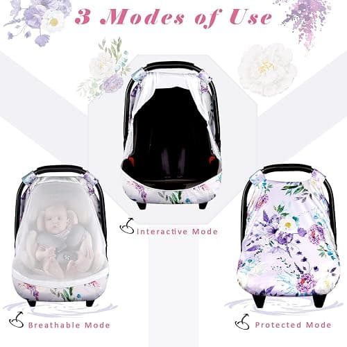 CARUILI Purple Floral Baby Car Seat Cover, Breathable Mesh Window, Sun and Wind Protection, 3 Modes of Use, Waterproof, Nylon, Polyester thumbnail 5