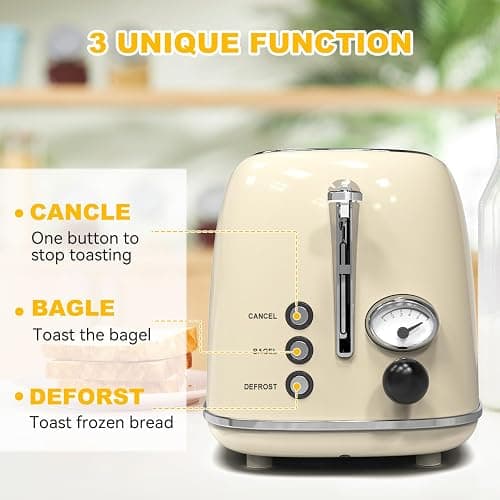 Toaster 2 slice, KitchMix Retro Stainless Steel Toaster with 6 Settings, 1.5 In Extra Wide Slots, Bagel/Defrost/Cancel Function, Removable Crumb Tray (Cream) thumbnail 5