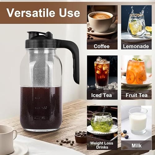 Cold Brew Coffee Maker Pitcher, 64 Oz Heavy Duty Glass Mason Jar Pitcher with V-shaped Pour Spout Handle Lid,Stainless Steel Filter for Iced Coffee,Iced tea,Fruit Drinks,lemonade - Black thumbnail 7