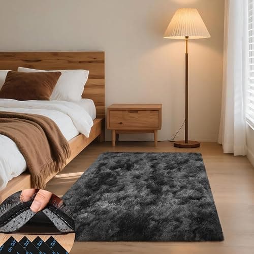 Mhyup 3x5 Rugs for Bedroom, Fluffy Small Area Rugs for Living Room, Soft Shag Fuzzy Carpet with 4 Non-Slip Stickers for Kids Boys and Girls Nursery Dorm Home Decor (Tie-Dyed Black Grey, 3ft x 5ft) - Image 1