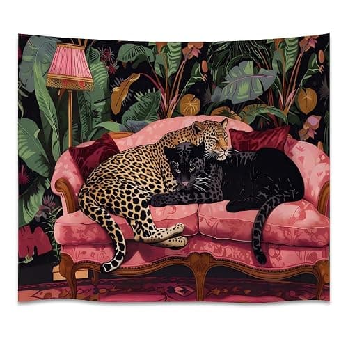 Maximalist Eclectic Cheetah Tapestry Wall Hanging Snuggly Leopard Panther In a Vintage Couch Prints Tapestries Leopard Bedroom Dorm Living Room Wall Decor 30x40inchwhite - Image 1