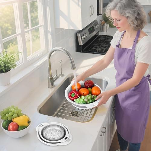 Cluren Collapsible Colander 3-Pack Set Space-Saving Foldable Kitchen Strainer with Non-Slip Base Durable Thickened PP+TPE Collapsible Strainers for Pasta, Vegetables, Fruits (Gray-White) thumbnail 6