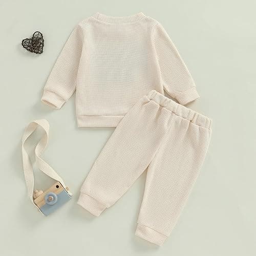 Kupretty Toddler Baby Boy Fall Winter Clothes Embroidery Waffle Knit Sweatshirt Pullover Tops + Casual Pants Outfit Set thumbnail 7