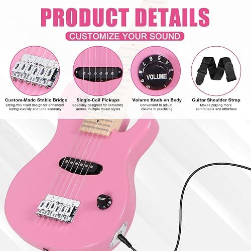Saicool 30" Electric Guitar Beginner Kits, Beginner Electric Guitar with 5W Amp and Accessories Pack Guitar Bag for Beginners, Pink thumbnail 2