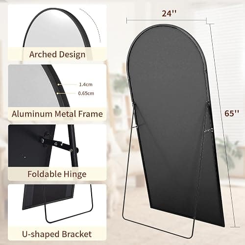 Riskioir 65" x 24" Arch Full Length Mirror - Floor Full Body Mirror with Aluminum Frame - Standing, Leaning or Hanging, for Bedroom, Living Room, Black thumbnail 2