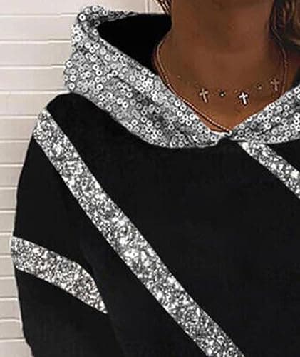 xxxiticat Women's Shiny Sequin Hooded Sweatshirt Long Sleeve Casual Bling Sparkly Striped Color Block Pullover Hoodies thumbnail 4