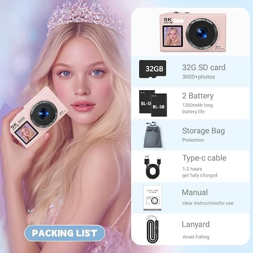 Dual Screen 5K Digital Camera for Vlogging with Fill Light - 80MP, 16X Zoom, WiFi, YouTube/Blogging, Includes 32GB Card & 2 Batteries (X9-Black) thumbnail 6