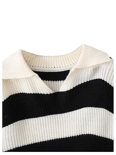 WDIRARA Girl's Striped Sweater Collar Long Sleeve Pullover Letter Patched Knitted Top thumbnail 4