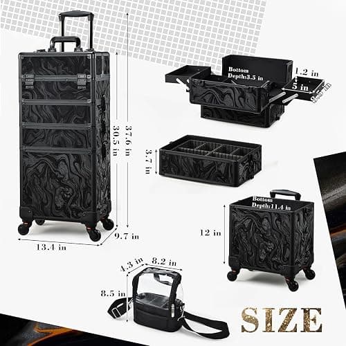 Stagiant Rolling Makeup Case 4 in 1 Cosmetology Case on Wheels Makeup Travel Case with Cosmetic Bag Key Swivel Wheels Salon Barber Case Traveling Cart Trunk Cosmetic Trolley Alpine Black thumbnail 7
