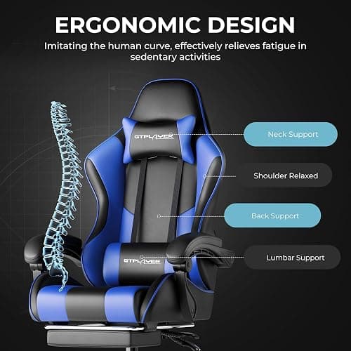 GTPLAYER Gaming Chair, Computer Chair with Footrest and Lumbar Support, Height Adjustable Game Chair with 360°-Swivel Seat and Headrest and for Office or Gaming (Faux Leather, Blue) thumbnail 5