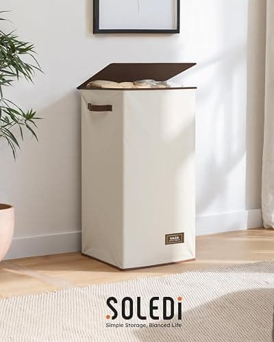 SOLEDI Laundry Hamper with Lid 100L Large & Tall Collapsible Laundry Basket, Clothes Hamper with Bag Removable Easy to Carry, Dirty Hampers for Bedroom, Bathroom, Dorm, College, Off-White thumbnail 9
