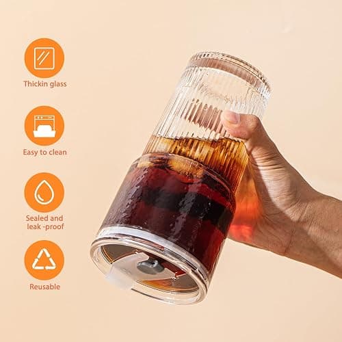 SoulTimes 20oz Glass Tumblers with Lids and Straws, Set of 2 - Stylish Ribbed Design Drinking Glasses for Iced Coffee Cups, Juice, Smoothies, Cold Beverages, Includes Cleaning Brush, Durable Glassware thumbnail 4