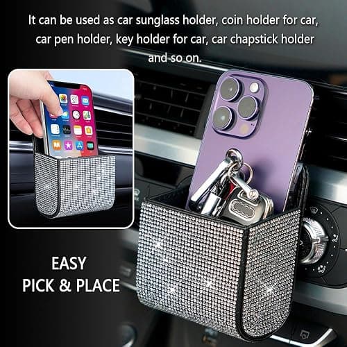 Salior Rhinestone Vent Storage Organizer, Leather Pocket, Bling Accessories for Women or Man, Multipurpose Sunglass and Coin Holder for Car Decorations, Black thumbnail 6