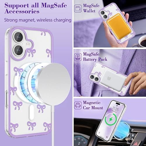 EYZUTAK Magnetic Case for iPhone 17, Compatible with MagSafe, Clear Cute Ribbon Bowknot Pattern Aesthetic Bow Phone Case Stylish Slim Anti-Yellowing Durable PC Protective Cover for Women Girls- Purple thumbnail 2