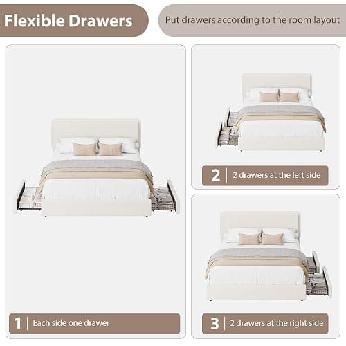 Garvee Full Size Teddy Fleece Bed Frame, Upholstered Platform Bed with 2 Storage Drawers, Height Adjustable Cloud Headboard, Thick Soft Teddy Fabric Bed, Modern Style, No Box Spring Required, Cream thumbnail 4