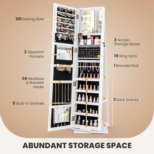Moccha 2-in-1 Mirrored Jewelry Cabinet, 360 Rotating Free Standing Jewelry Armoire, Lockable Large Capacity Jewelry Organizer w/Full Length Mirror, Inside Makeup Mirror (White) thumbnail 5