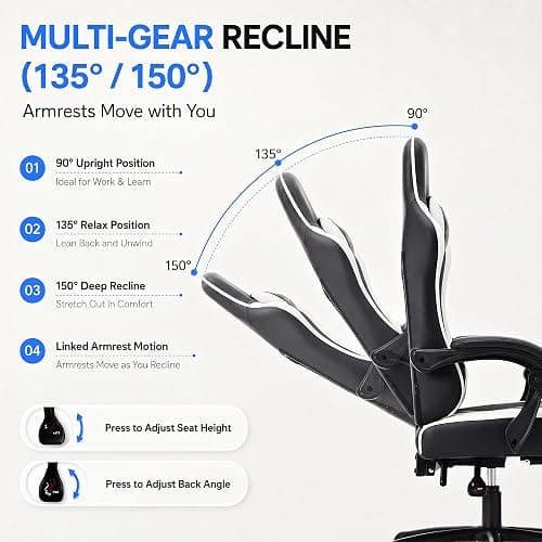 Kslysuty Desk Computer Gaming Chair - High Back Ergonomic Office Chair with Footrest and Lumbar Support, Swivel Comfy Home Gamer Video Game Chairs with Pocket Spring Cushion for Adults (White Leather) thumbnail 7