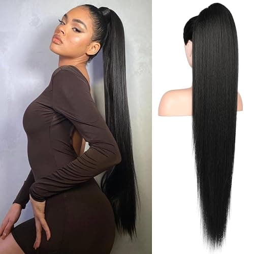 Flufymooz ponytail extension, 36 Inch Long Straight Drawstring Ponytail Synthetic Hairpieces Fake Pony Tails Natural Soft Clip in Hair Extension ponytail for Women (Natural Black) - Image 1