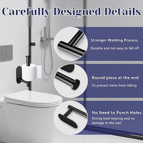 Toilet Paper Holder, Stainless Steel & No Drilling Black Toilet Paper Holder Wall Mount, Waterproof Self Adhesive Toilet Paper Holders for Bathroom, Kitchen, Washroom thumbnail 4
