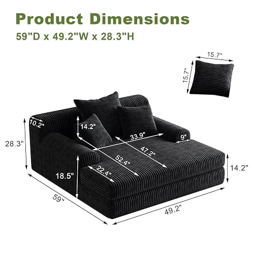 OOFAYJIA Oversized Chaise Lounge Chair Indoor, Corduroy Sofa Bed Sleeper with 3 Throw Pillows, No Assembly, Boneless Cloud Couch for Bedroom Living Room, Black thumbnail 2