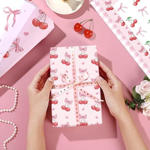 Pineraap 12 Sheets Pink Bow Cherry Wrapping Paper, Bowknot Printed Gift Wrap Paper Decorative Craft Paper for Girls Women Birthday Wedding Baby Shower Coquette Party, 19.7 x 27.6 Inch thumbnail 8