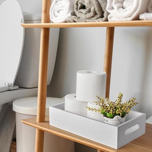 ALELION White Bathroom Basket - Wooden Toilet Tank Paper Basket with Handle for Organizing - Back of Toilet Storage Organizer for Bathroom Tank Topper Counter - White Bathroom Decor Box thumbnail 4