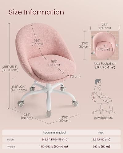 VASAGLE Vanity Chair with Lumbar Support, Adjustable Swivel Armless Desk Chair, Teddy Fleece, Compact for Small Spaces, Bedroom, Jelly Pink UOBG020R93 thumbnail 2